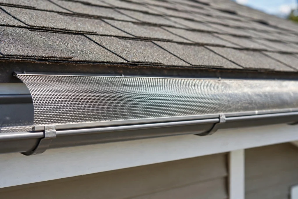 Clean gutter with micro-mesh leaf guard installed along a shingled roof edge